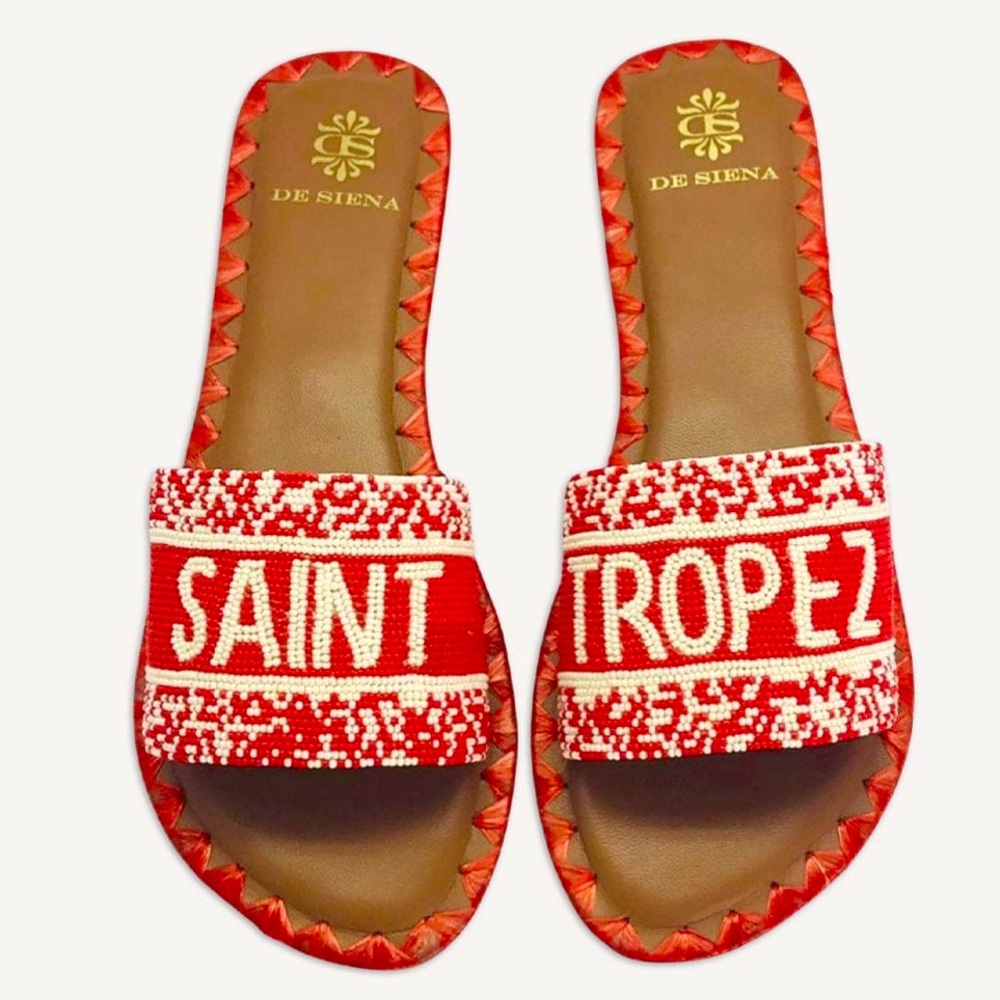 New! De Siena Saint Tropez Sandals in Red Slides Leather & Beads